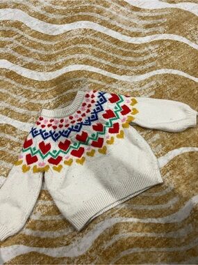 Baby Toddler Old Navy Cream Crewneck Sweater with Multicolor Heart Yoke